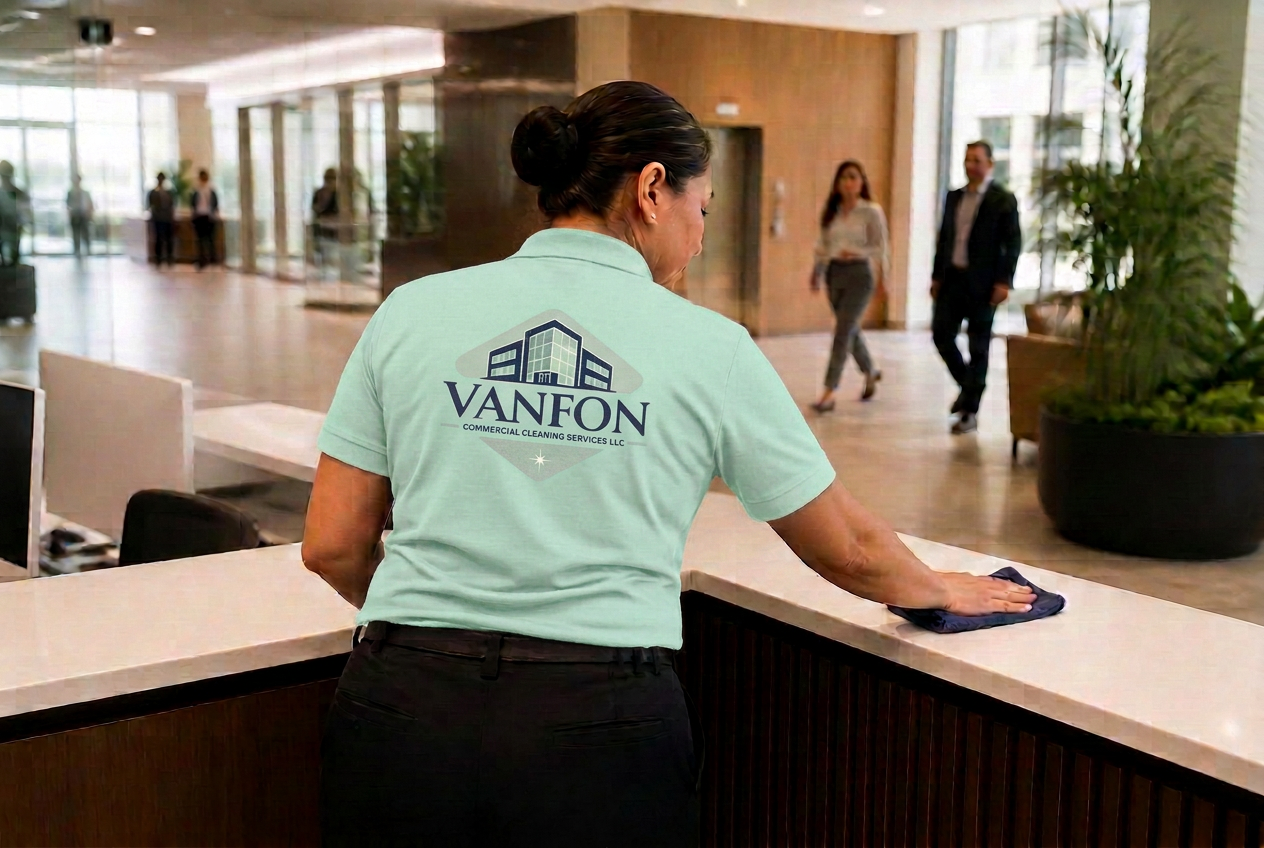 Welcoming office lobby at sunrise as a smiling receptionist greets arriving professionals, kept spotless by VanFon